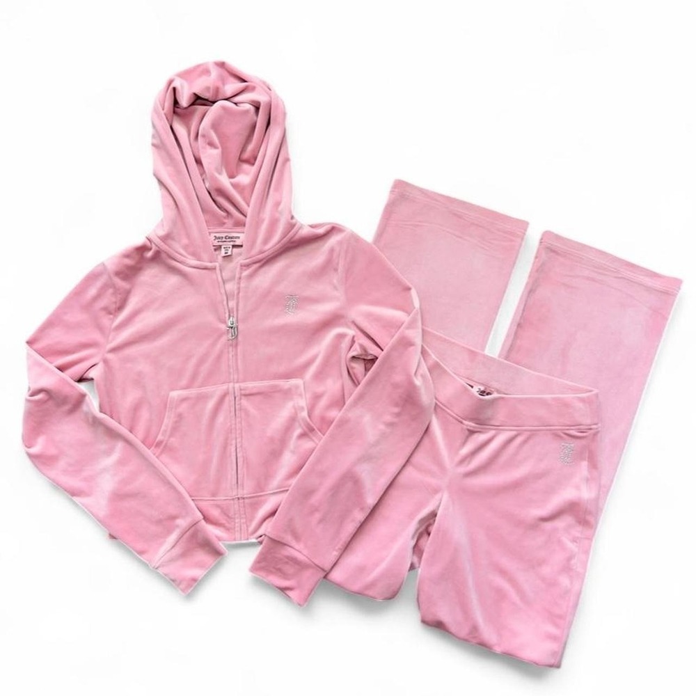 Juicy Couture Pink Velour Tracksuit Set Hooded Jacket & Pants Rhinestone Y2K